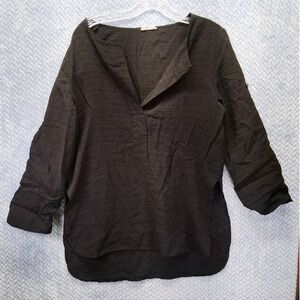 Glam American Made Black Textured Roll Tab Sleeve Tunic Top Split Neck Small